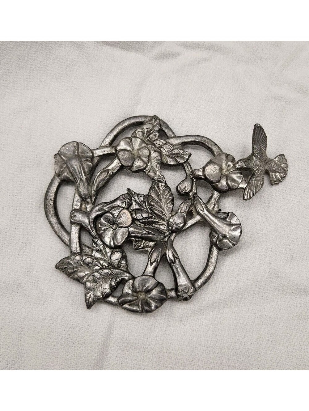 Metzke Pewter Vintage Hummingbird And Flowers Trivet 1986 Spring Easter 3.25x4in